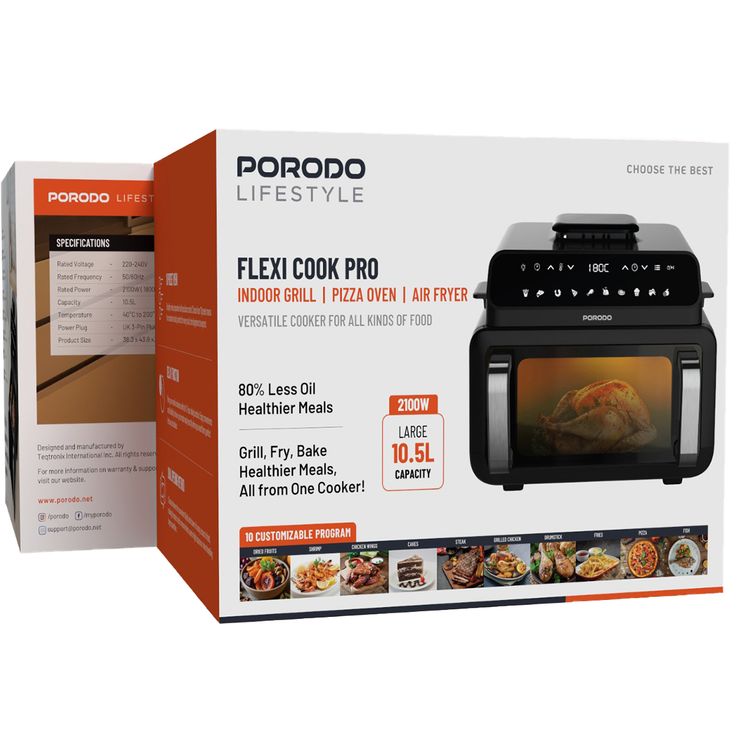Porodo Flexi Cook Pro with 10.5L Capacity, Grill, Fry & Bake Functions, 10 Preset Programs, 12-Hour Delay Function, 80% Less Oil for Healthier Meals, Dual Opening Method, 40-200°C Temperature Range - Black