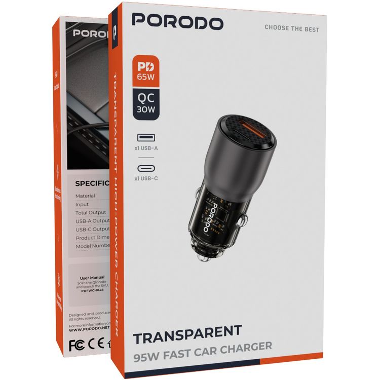  Porodo 95W Transparent Car Charger, Zinc Alloy & PC Material, 30W USB-A & 65W USB-C Outputs, Simultaneous Fast Charging, Universal Compatibility - Gray