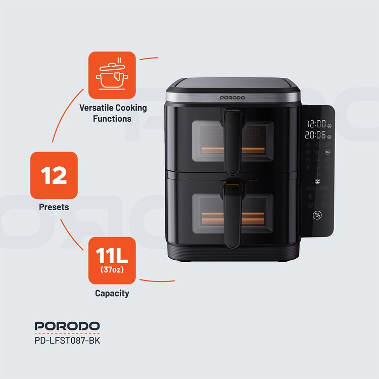 Porodo Lifestyle Double Stack Air Fryer, 11L Capacity, 2800W Power, 220-240V Voltage, 50-60Hz Frequency, 12 Presets, Touch Control - Black