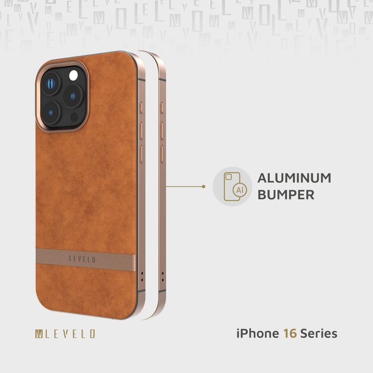 Levelo Pelle Leather Case for iPhone 16 Pro Max with Aluminum Bumper, Impact Resistant Corners, MagSafe compatibility, Lightweight & Slim Profile - Brown