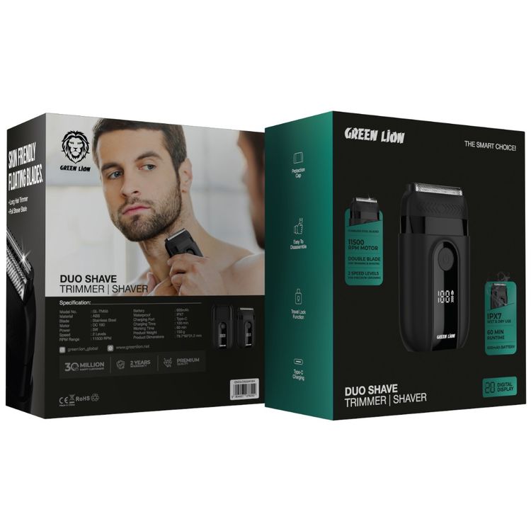 Green Lion Duo Shave Trimmer & Shaver with Protection Cap, 2 Speed Levels, 60 Minutes Working Time, USB-C Charging Port, Travel Lock Function, Digital Display, 5W Power - Black
