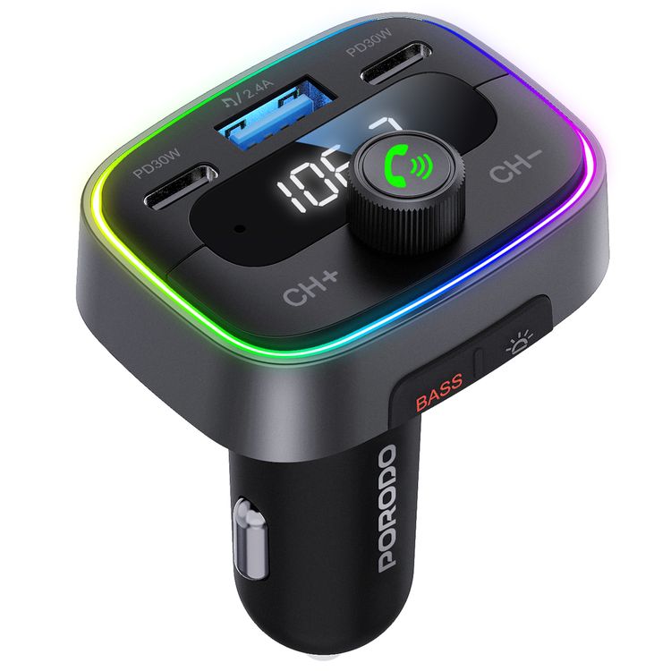 Porodo Smart Car Charger FM Transmitter with Dual PD 30W, Bluetooth 5.4, USB Disk Reading, Car Battery Voltage Display, Crisp Mic, Bass Boost Sound, LED Ambient Light, and FM Audio Streaming – Black
