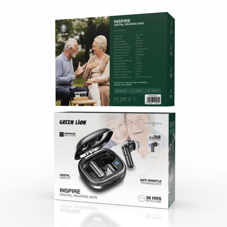 Green Lion Inspire Digital Hearing Aids with Digital Display, 5 Stages Volume Control, Up to 36 Hours of Play Time with Case, Bluetooth Version 5.3, 10m Transmission Range, Assistive Listening, Anti-Whistle Technology - Black