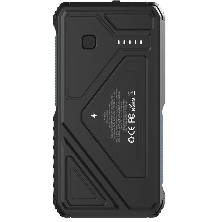 Powerology 27000mAh Solar Wireless Charging Power Bank with Simultaneous Charging, Multi-Mode Flashlight, 0% - 65% Charging in 35 Minutes, 70mm Cable Length - Black