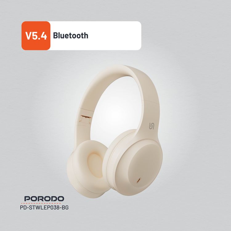  Porodo Soundtec Wireless Headphones with 400mAh Battery Capacity, 1.5 Hours Recharge Time, Up to 50 Hours Working Time, Type C Charging Port, Bluetooth V5.4 - Beige
