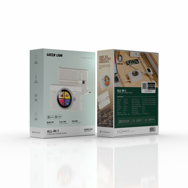 Green Lion All-in-1 10000mAh Power Bank with PD20W Fast Charging, 1.53" IPS Touchscreen, Built-in Speaker, Clear Mic Calls, Built-in Cables, 10 Hours Playtime - White