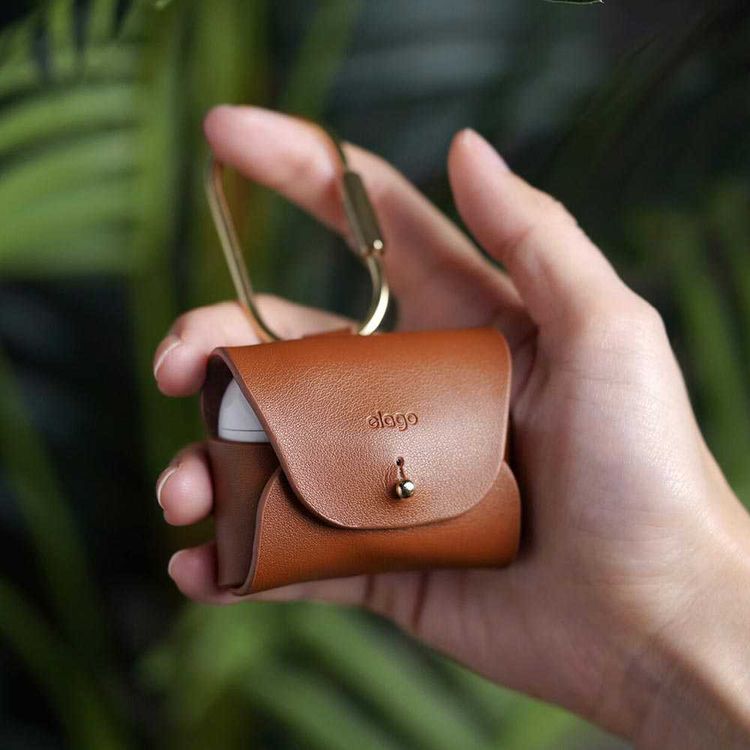 Elago Genuine Leather Case Compatible with Apple Airpods Pro, Vintage Design, Supports Wireless Charging, Brass Ring Holder, Anti-Slip Case, Shock Proof, Bring as Keychain - Brown