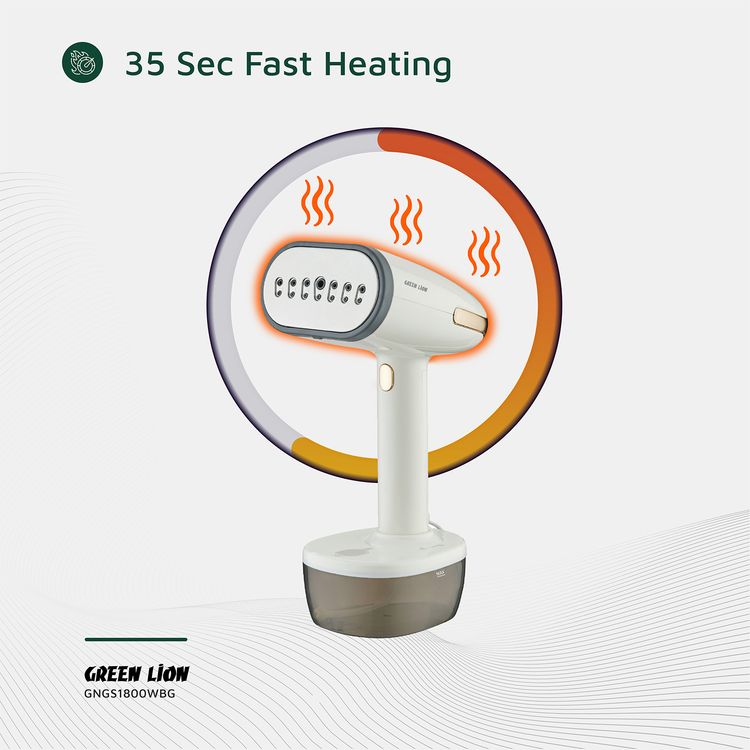 Green Lion Garment Steamer with 1800W Rated Power, 350mL Water Tank Capacity, 32g/min Steam Output, 65.56-110°C Temperature Range, Vertical, Flat, Inclined Steaming, 35 Seconds Fast Heating Time, 20 Minutes Continuous Steam Time, Gentle Fabric Care, Automatic Shut Down, Detachable Water Tank - Beige