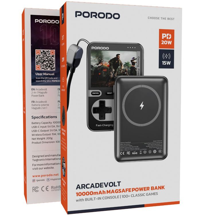 بنك طاقة بورودو أركيدفولت ماج سيف 10000 مللي أمبير/ساعة مع وحدة تحكم مدمجة، +100 لعبة كلاسيكية، PD 20 وات، شاشة عالية الدقة 2.8 بوصة، كابل USB-C - أسود