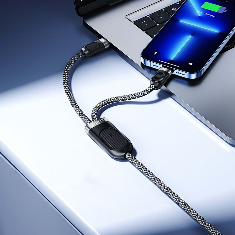 كابل الشحن السريع من Porodo بنوع Type-C وLightning مع واجهة إدخال Type-C، يدعم الشحن المتزامن، متوافق عالميًا، قوة خرج Lightning تصل إلى 12 واط، مصنوع من مادة خارجية مضفرة - لون أسود.