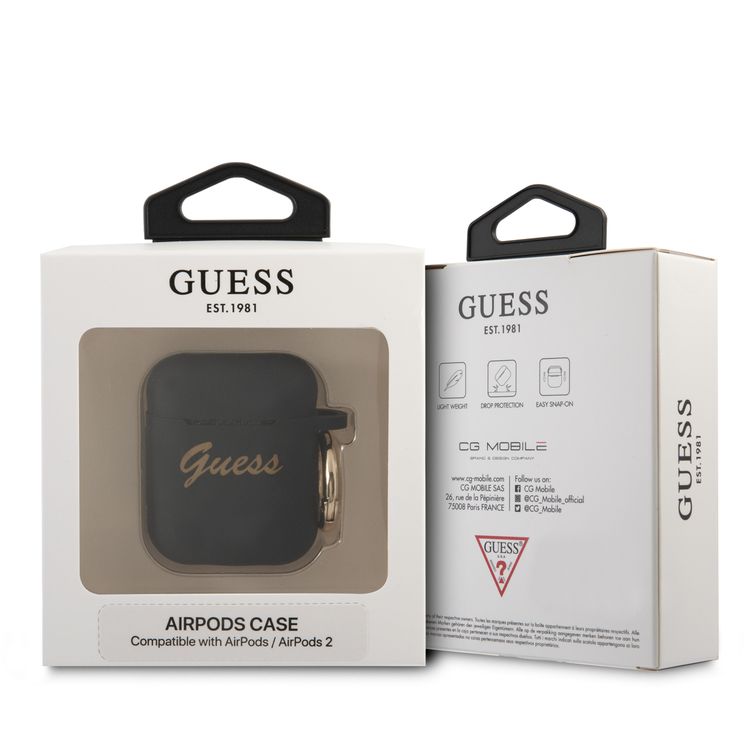 CG MOBILE Guess Silicone Printed Script Case with Anti-Lost Ring Compatible for AirPods 1/2, Scratch Resistant, Shock Absorption & Drop Protection Cover Officially Licensed - Black