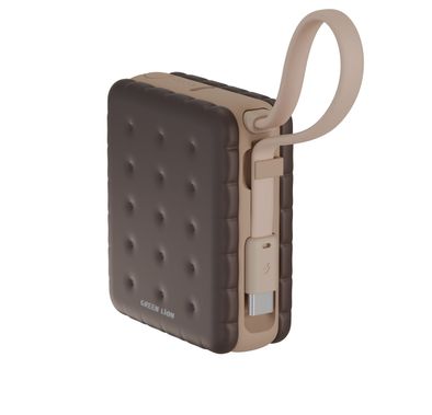 Green Lion Baker 10000mAh Power Bank with PD 20W, Compact Pocket Size, Dual Device Charging, Detachable Type-C Cable, Flight Approved, Easy-Carry Lanyard, LED Battery Indicator - Mocha