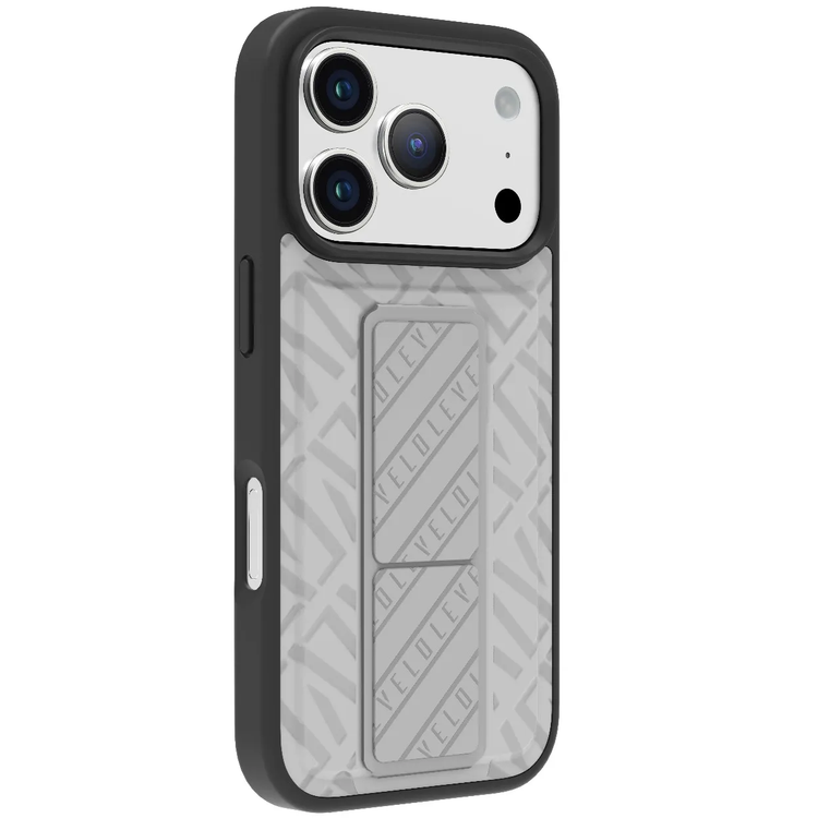 Levelo Morphix Cuero GripStand Case for iPhone 17 Pro, Raised Bezels for Camera & Screen, Shock-Resistant Bumper, Secure Hold, Horizontal & Vertical Viewing - Cloud Gray