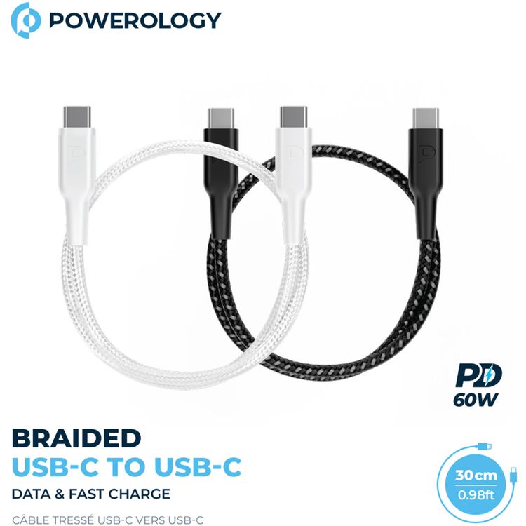 Powerology Braided USB-C to USB-C with 60W Power Delivery, 30cm Cable Length, Universal Compatibility, Fast Charge & Data Transfer - Black