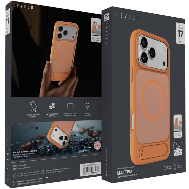 Levelo Matteo Hybrid Kickstand Case with Matte Design for iPhone 17 Pro Max, Anti-Fingerprint Coating, Impact-Resistant Corners, Raised Bezels for Camera & Screen, MagSafe Compatible, Shock-Resistant Bumper, Drop-Tested - Orange