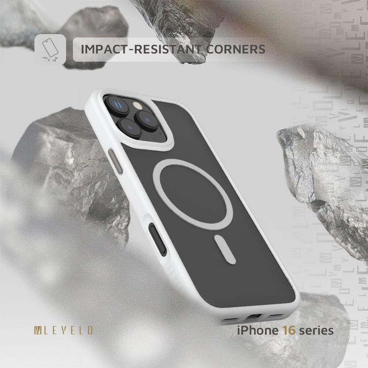 Levelo Matte Solo Case with MagSafe Compatibility for iPhone 16 Pro Max, Impact-Resistant Corners, Anti-Fingerprint, Hybrid Construction - White