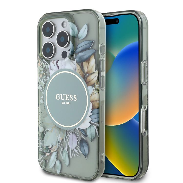 Guess Magsafe IML Transparent Hard Case with Flower Design & Tonal Circle Logo for iPhone 16 Pro Max, Lightweight, High Quality Material - Green