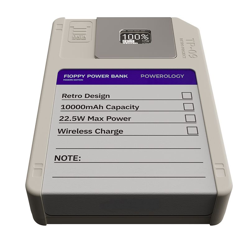 Powerology Floppydisk Retro 10000mAh MagSafe Powerbank with OLED Display Screen, Multi-Protocol Fast Charging, Universal Compatibility, 64GB Storage Capacity, High-Speed Data Storage, Fire-Resistant PC Material - White