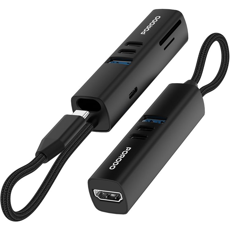 Porodo 7-in-1 Multi-Port USB Hub, 100W Power Delivery, Compatible with Windows, macOS, ChromeOS, Nintendo Switch, Fast Data Transfer, Aluminum Alloy Material, Plug & Play Operation - Black