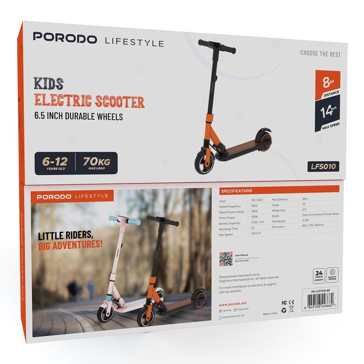 Porodo Lifestyle Kids  Electric Scooter, Fender Brake & Electronic Brake, Powerful 130W Motor, 14 km/h Speed, Lightweight - Black