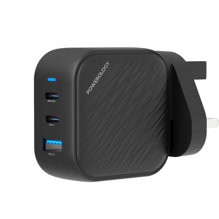 Powerology GaN Ultimate Dual PD Wall Charger with 65W Power Delivery, Compatible with Laptops, Quick Charge 3.0, Built-in Safeguard - Black