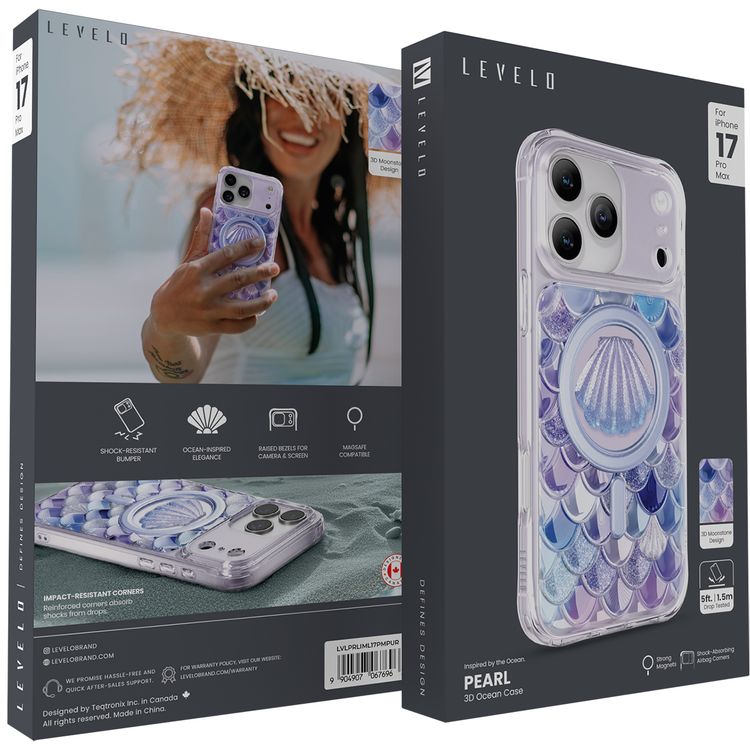 غطاء Levelo Pearl 3D Ocean لهاتف iPhone 17 Pro Max، بتصميم حجر القمر ثلاثي الأبعاد، متوافق مع MagSafe ومغناطيسات قوية، حواف مرتفعة للكاميرا والشاشة، مختبر للسقوط، زوايا ممتصة للصدمات بتقنية الكيس الهوائي، أناقة مستوحاة من المحيط - باللون الأرجواني.