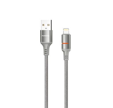 Porodo كابل USB-A إلى Lightning بإضاءة LED مع تيار 2.4A، سرعة نقل تصل إلى 480Mbps، طول الكابل 1.2 متر، شحن سريع ونقل بيانات، سلك مضفر - رمادي