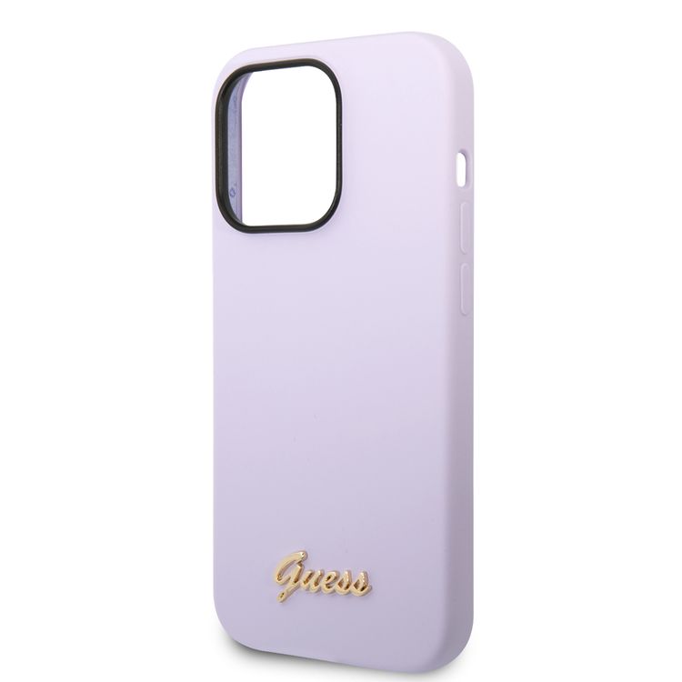 Guess Liquid Silicone Case With PC Camera Outline & Script Metal Logo - iPhone 14 Pro - Purple