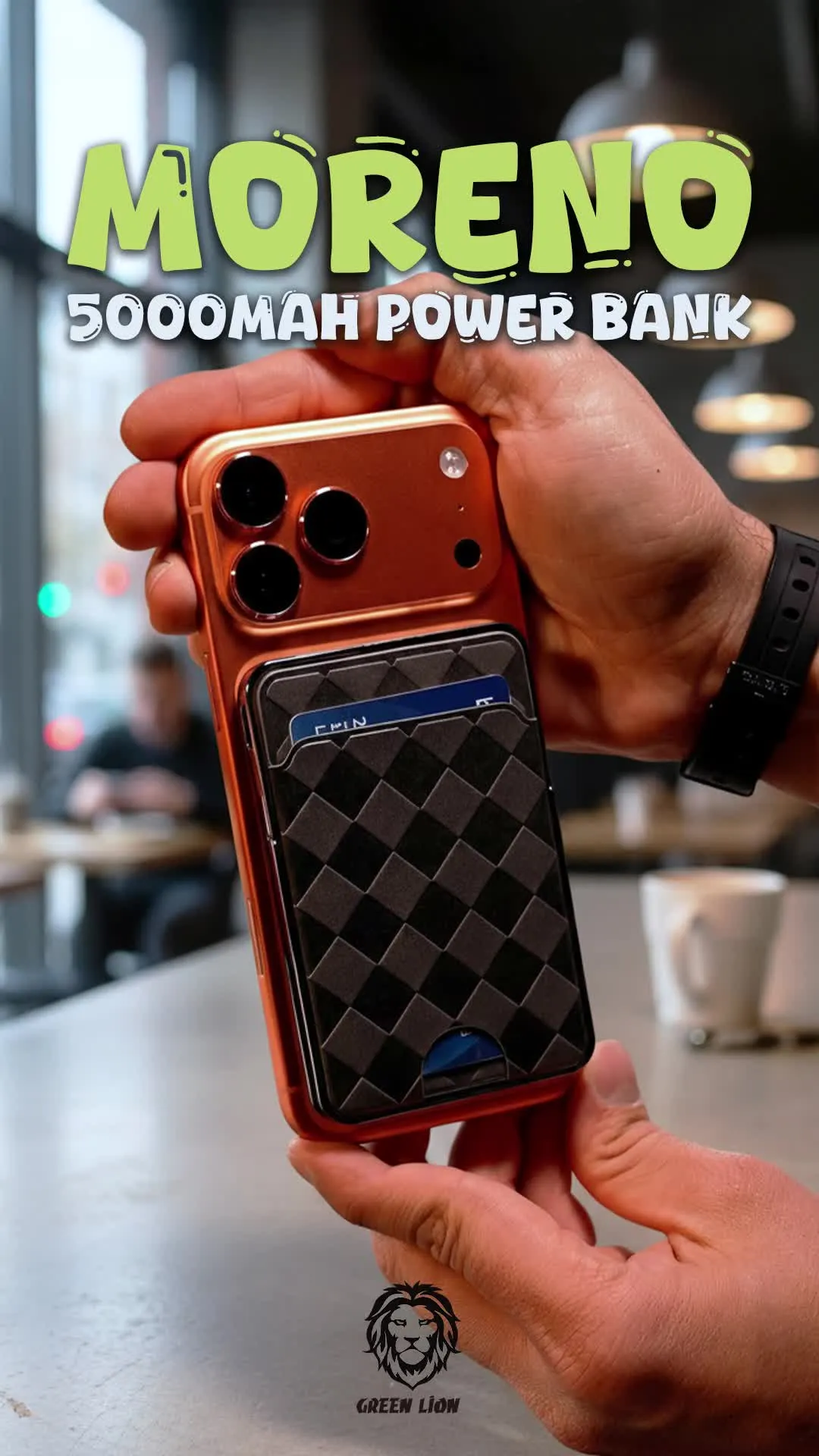 Green Lion Moreno 5000 mAh Power Bank, Built-in Card Holder, Ultra-Thin Design, Inflight Approved, Magsafe Compatible - Black