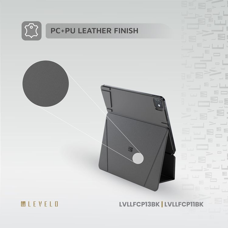 حافظة Levelo Luxora Folio لجهاز iPad Pro 13 بوصة، تتميز بقوة مغناطيسية عالية، تصميم متعدد الطيات، قابلية لتعديل الارتفاع - أسود