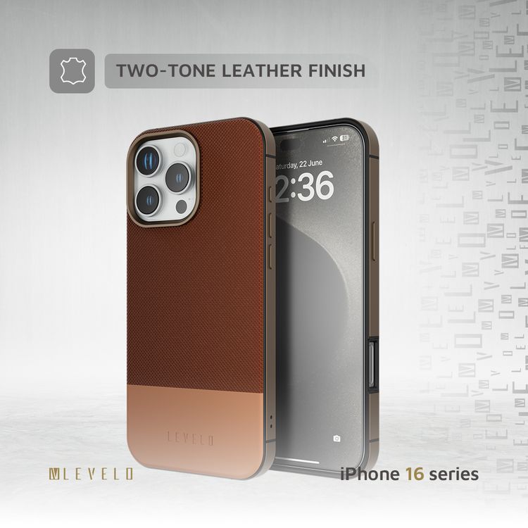 Levelo Cuir Two Tone Leather Case For iPhone 16 Pro Max, Durable, Compact Design, MagSafe Compatible, Hybrid Case, Impact-Resistant Corners , Aluminum Bumper Finish, High Quality Material - Rose Gold Titanium
