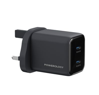 Powerology Volt-X 45W Dual USB-C Port GaN Wall Charger with Fast Charging Speed, USB-C Output Ports, Wide Compatibility, Compact Travel Size, Universal Protocol Support - Black