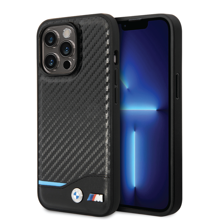 BMW M Collection Magsafe Compatibility PU Carbon Case with Bottom Horizontal Blue Line iPhone 14 Pro Max Compatibility - Black
