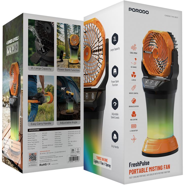 Porodo FreshPulse Portable Misting Fan with Cool Spray, 15000mAh Battery Capacity, 4-5 Hours Charging Time, 2L Water Tank Capacity, 98 Hours Working Time, 50 Lumens Brightness, Remote Control, RGB Lighting - Orange / Black