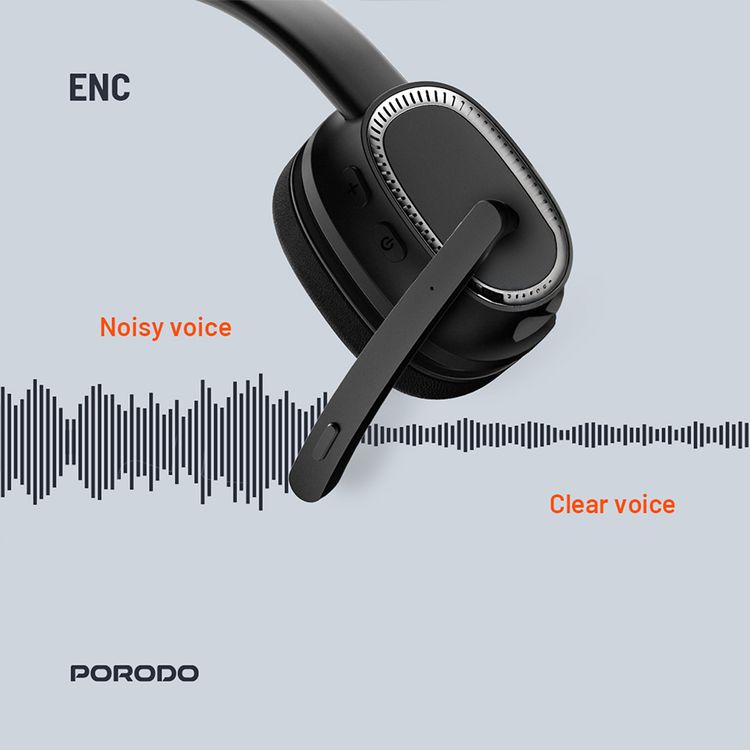 Porodo ENC Wireless Work Headphone with Noise Cancelling Microphone, Bluetooth V5.2, 15 Hours Working Time, 1 Hour Recharging Time, 200mAh Battery, Adjustable Headband - Black