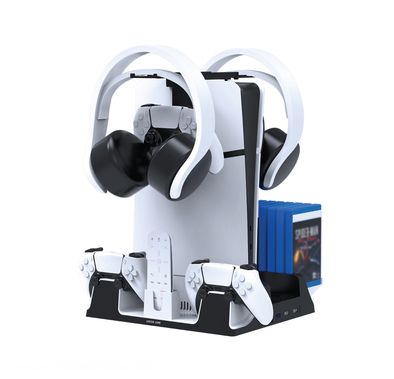 Green Lion PS5 Cooling Stand Charging Station with 14Disk Storage, Low Noise, Simultaneous Charging, Efficient Cooling, Turbo Fan - White