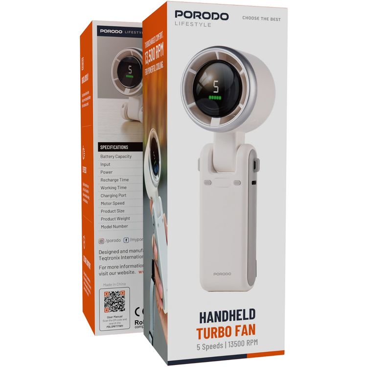 مروحة توربو محمولة متعددة الوظائف 3 في 1 من بورودو لايف ستايل قابلة للطي 180 درجة، 3600 مللي أمبير في الساعة، وقت عمل 10 ساعات، منفذ شحن من النوع C، شاشة رقمية، وقت إعادة الشحن 3.5 ساعة - أبيض