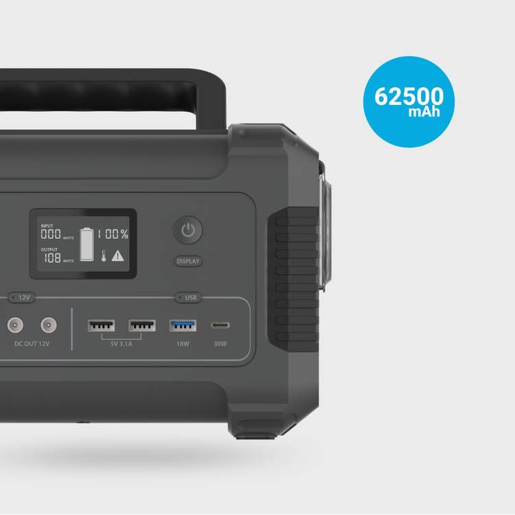 مولد طاقة محمول من باورولوجي مع لوحة معلومات LCD، 62500 مللي أمبير، 200 وات، QC 18 وات، PD 30 وات، خرج تيار متردد 220 فولت في المملكة المتحدة، حماية من الحمل الزائد والسخونة الزائدة، لوحة شمسية - أسود