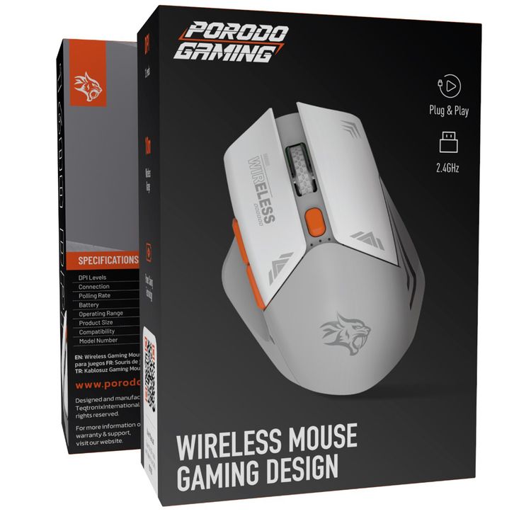 Porodo Gaming Wireless Mouse, 3 Levels DPI, 10m Wireless Range, Power Saving Technology, Mac & Windows Compatible - Gray