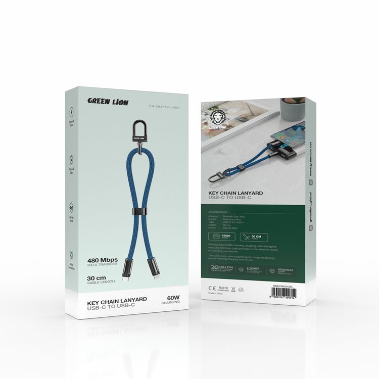 ميدالية الأسد الأخضر على شكل سلسلة مفاتيح USB-C إلى USB-C، بطول 30 سم، بقوة 20V/3A، وقدرة 60 وات، ومعدل نقل بيانات 480 ميجابت في الثانية، وعمر افتراضي يصل إلى 10000 انحناء، مصنوعة من مواد مضفرة، مع غلاف من سبيكة الزنك وإبزيم من سبيكة الألومنيوم - اللون أزرق.