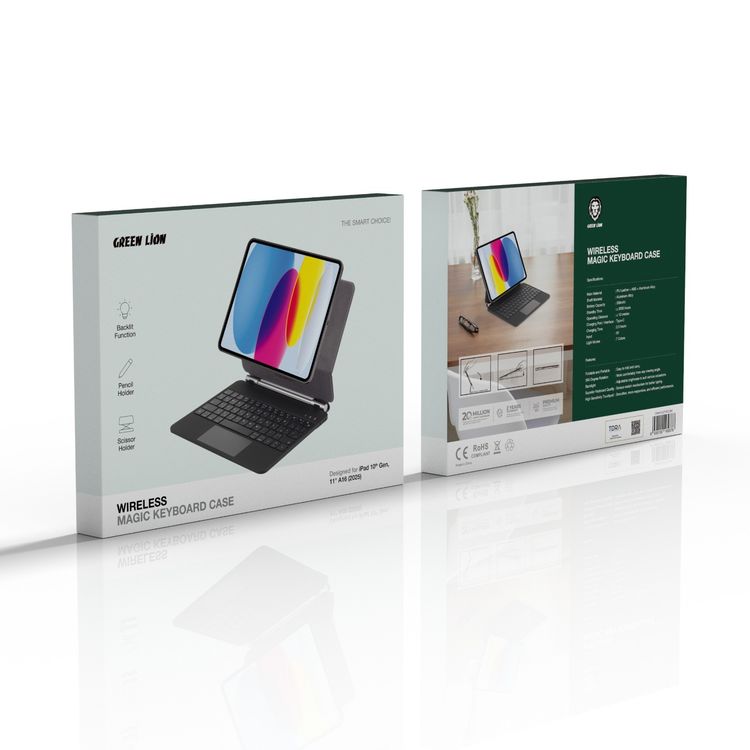 جراب لوحة مفاتيح ماجيك لاسلكي من جرين ليون لجهاز آيباد الجيل العاشر، 11 بوصة A16 (2025)، بطارية بسعة 500 مللي أمبير، وظيفة الإضاءة الخلفية، منفذ شحن USB-C، 7 أوضاع إضاءة ملونة، حامل قلم، سطوع قابل للتعديل، لوحة مفاتيح بمفاتيح مقصية - أسود