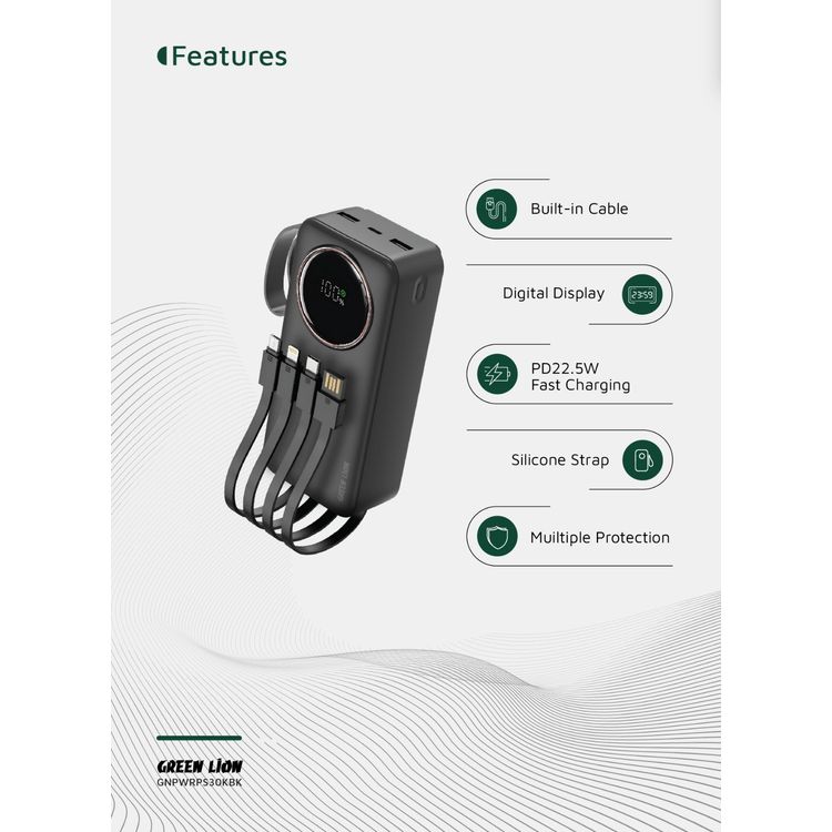 البطارية المحمولة جرين ليون باور بالس 30000 مللي أمبير، PD 22.5W، متنقلة، عرض رقمي، دعم الشحن السريع، كابلات مدمجة: ميكرو + لايتنينج + تايب-سي + USB-A - أسود
