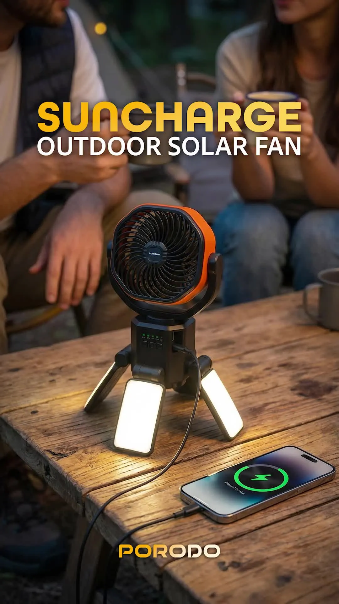 Porodo Suncharge Outdoor Solar Fan with LED Lighting & Power Bank Function, 3 LED Brightness Levels, 4 Speed Settings, Foldable Hanging Hook, 150°Auto Oscillation, Up to 30 Hours Working Time, 6000mAh Battery, 5W Rated Power - Black / Orange