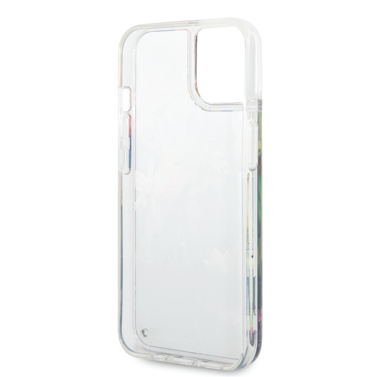 Guess Liquid Glitter Case with Flower Pattern Extra Shine Smooth Touch Feel iPhone 14 Compatibility - Blue