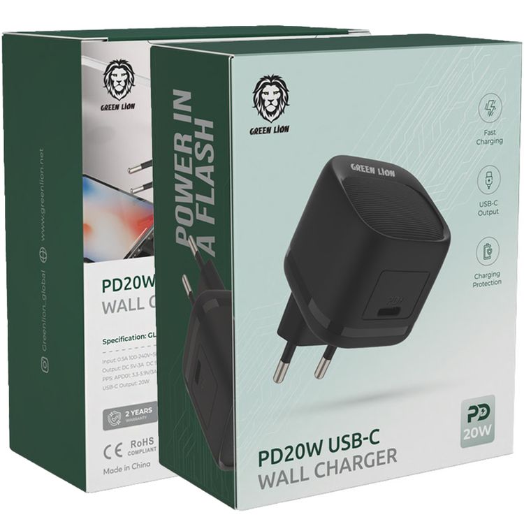 شاحن حائط USB-C من Green Lion بقوة 20 واط وتقنية الشحن السريع وحماية الشحن وأمان نهائي للجهاز - أسود