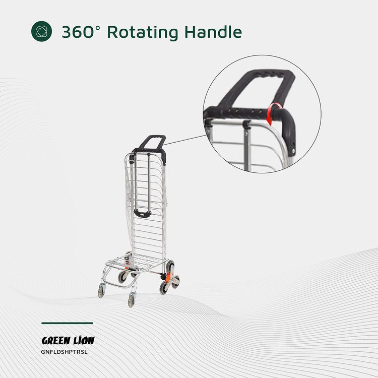 Green Lion Foldable Shopping Trolley with Shopping Bag & Elastic Ring, 20kg Maximum Load, Multiple Use, 8 Wheels, 360° Rotating Handle - Silver