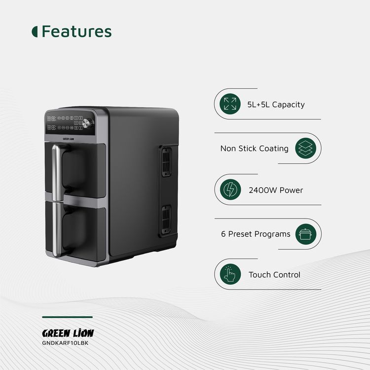 Green Lion Double Decker Air Fryer, 2400W, 110-240V,  50-60 Hz Frequency,  5L+5L Capacity, 0-200°C Temperature, Auto Function, Sync and Match Functions - Black
