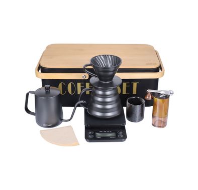 Green Lion G-70 600ml Black 8 in 1 Coffee Maker Set Metal Box with Wood Handle - Black