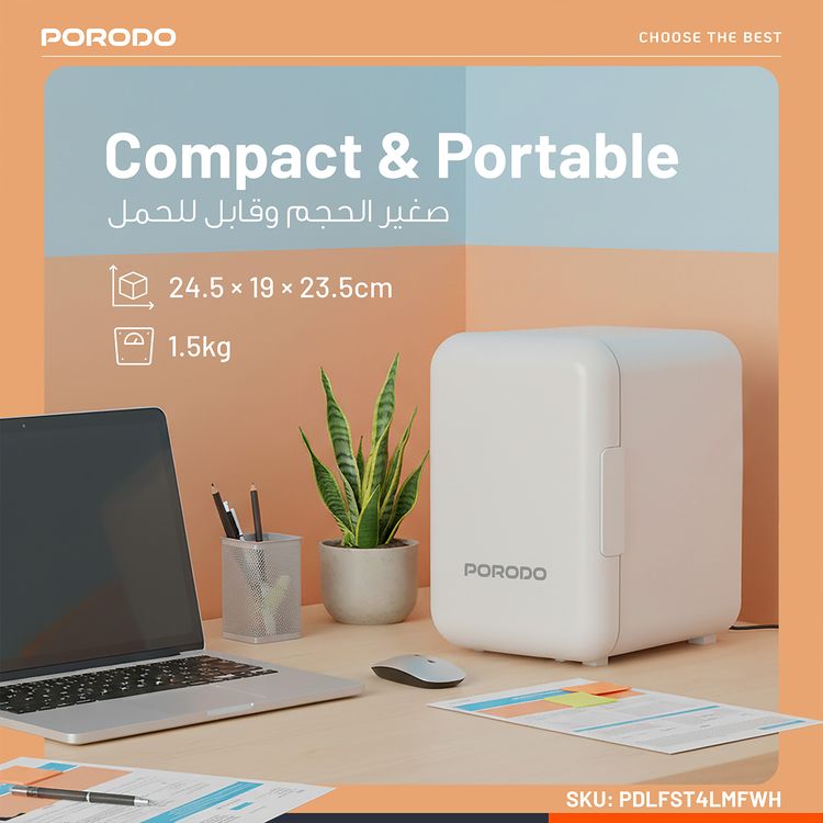 ثلاجة مستحضرات التجميل ميني Ecochill من Porodo Lifestyle بسعة 4 لتر، مصنوعة من مادة PP، بتصنيف طاقة 18-28 واط، تشغيل هادئ جداً، قوة تبريد سريعة - لون أبيض