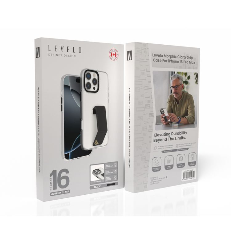 Levelo Morphix Clara Case for iPhone 16 Pro Max, Hybrid Material, Impact-Resistant Corners, Built-in Leather Grip, Metal Camera Ring - Black